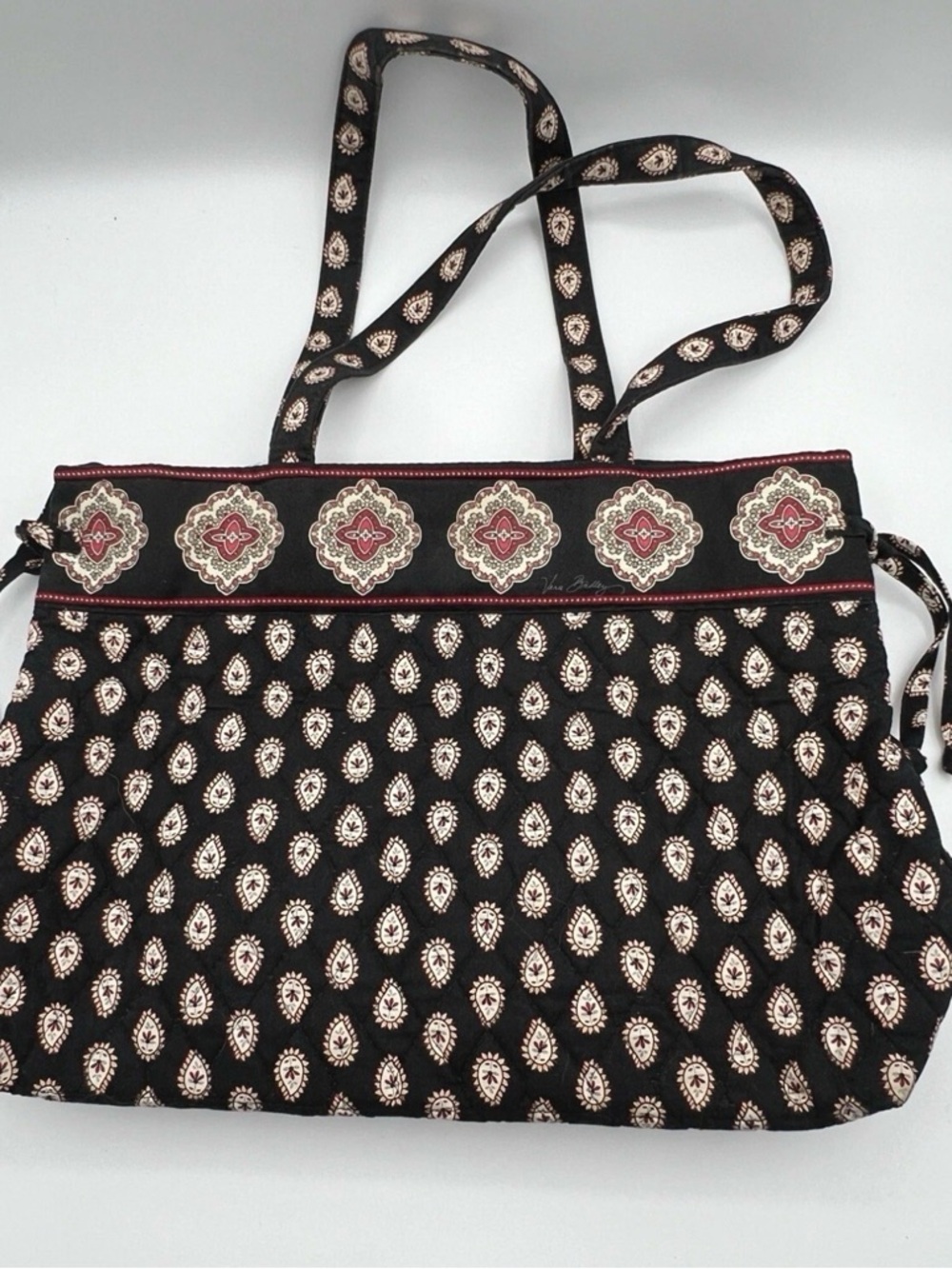 Vera Bradley Black Quilted Tote with Cream and Burgundy Medallion Trim